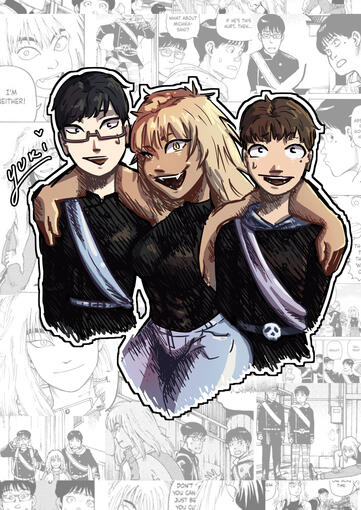 Characters illustrated are Michika Takezuka, Heima and Sakae from Heavenly delusion